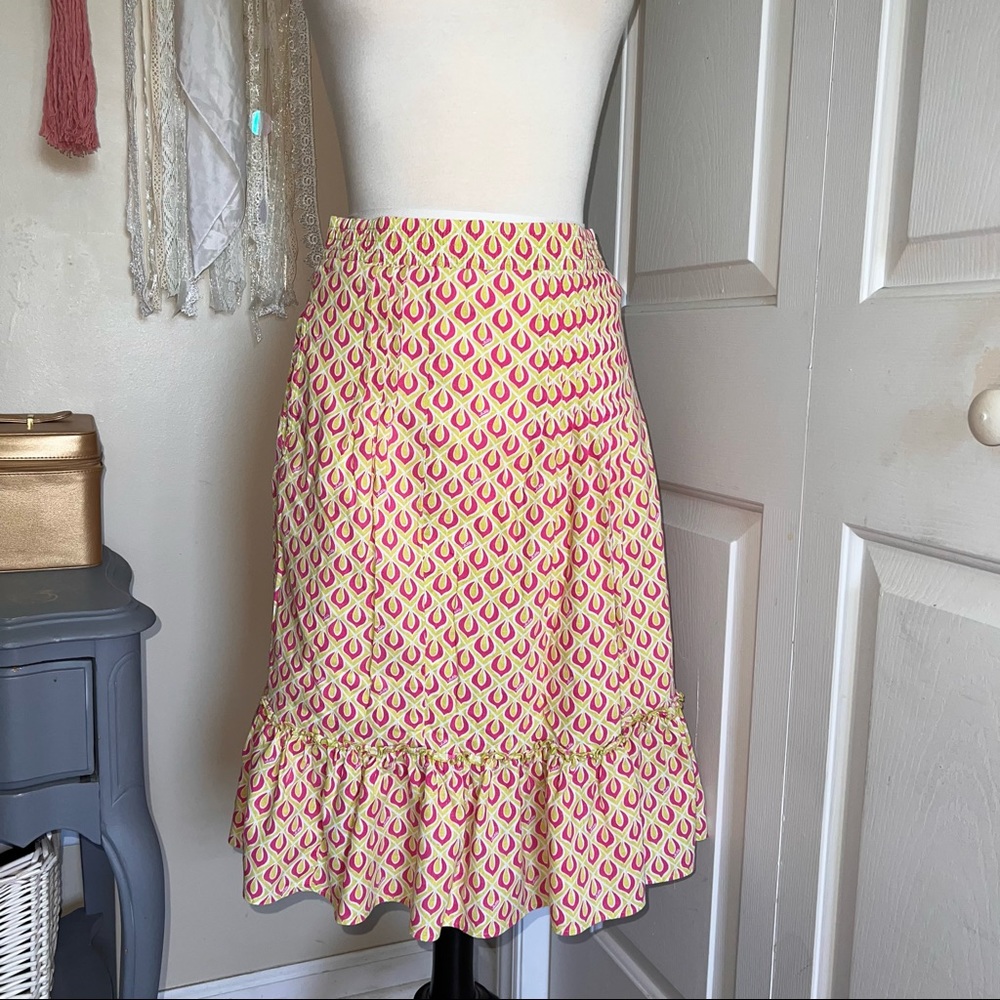 Lilly Pulitzer Peach/Green Pintuck, white lined Elastic Waist MIDI Skirt - Picture 9 of 14